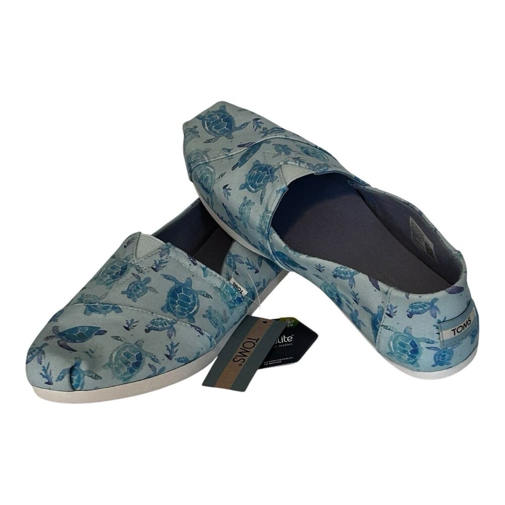 TOMS Alpargata Shoes Light Aqua Watercolor Sea Turtles Ortholite Womens 9.5 NWT